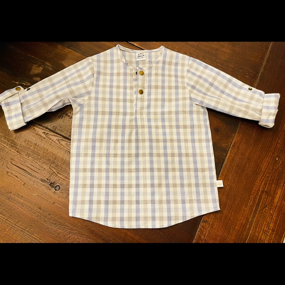 Blue plaid Henley shirt, toddler boy tartan. 3/4 cuffed sleeve. Size 4T.